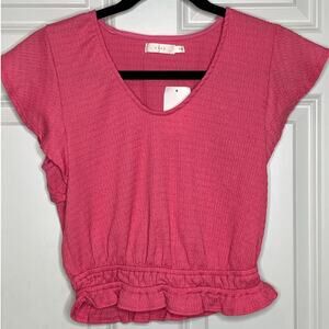 Lush NEW Pink V Neck Peplum Hem‎ Cap Sleeve Shirt Small